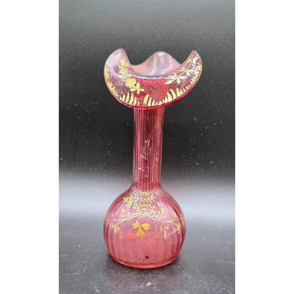 Antique Jack In The Pulpit Enameled French Victorian Cranberry Glass Vase 7.5